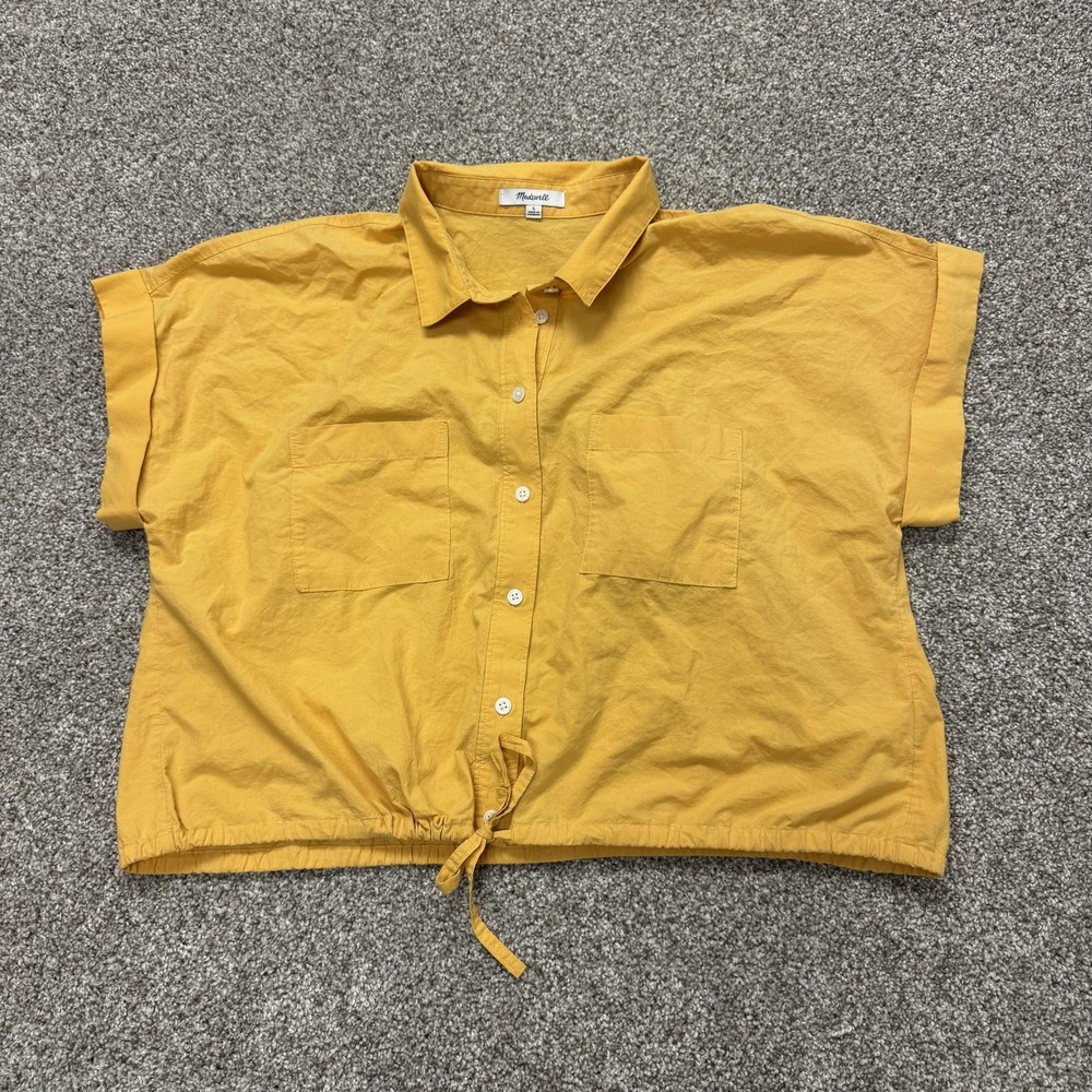 Madewell Shirt Womens L Yellow Button Up Cropped Short Sleeve Drawstring Hem Top
